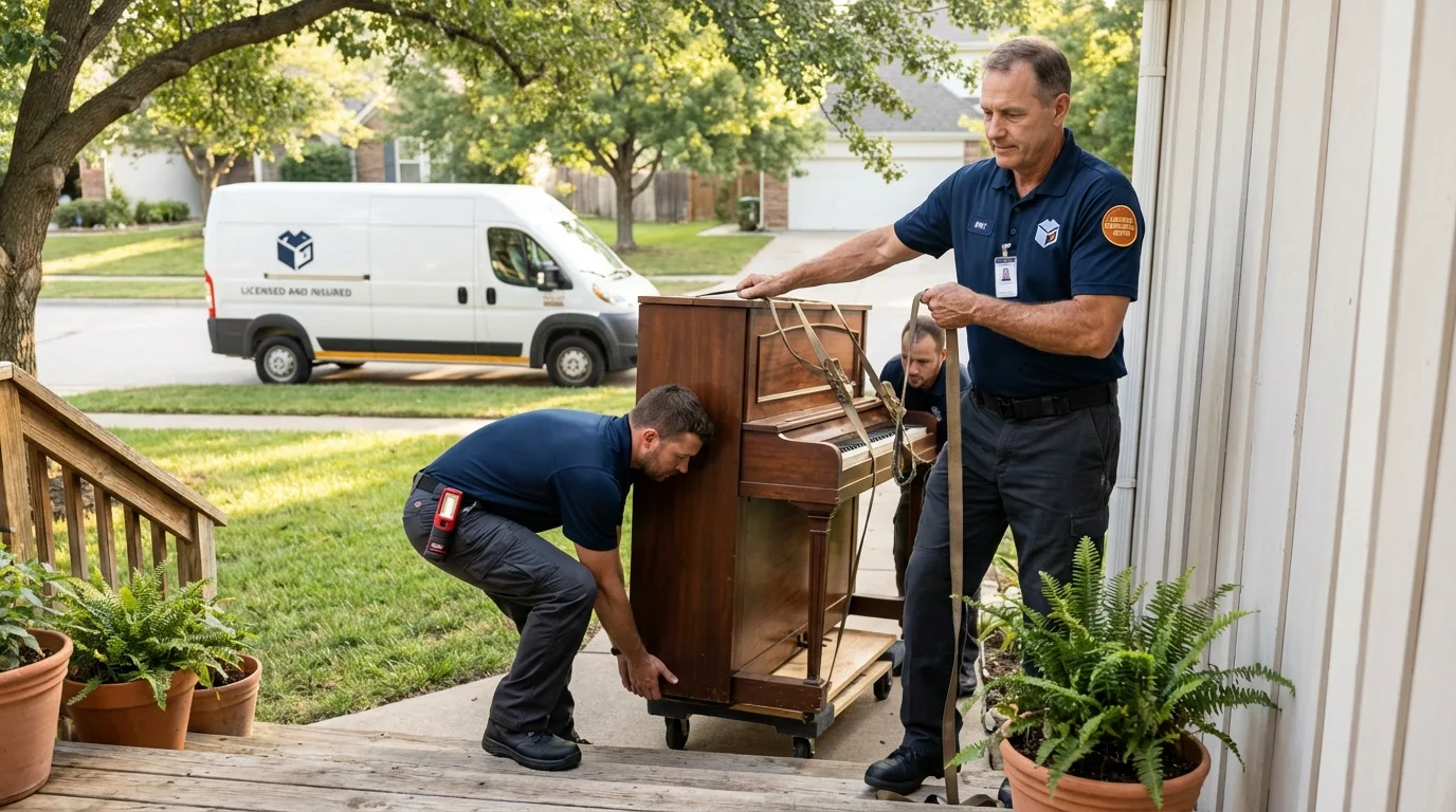 Licensed piano movers securing grand piano in Ozark, AR